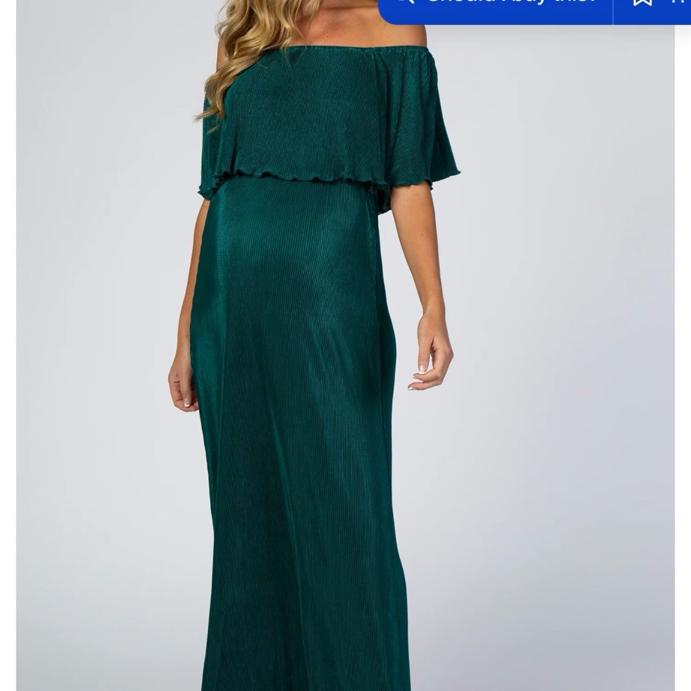 NWOT Forest Green Pleated Ruffle Off Shoulder Maternity Maxi Dress